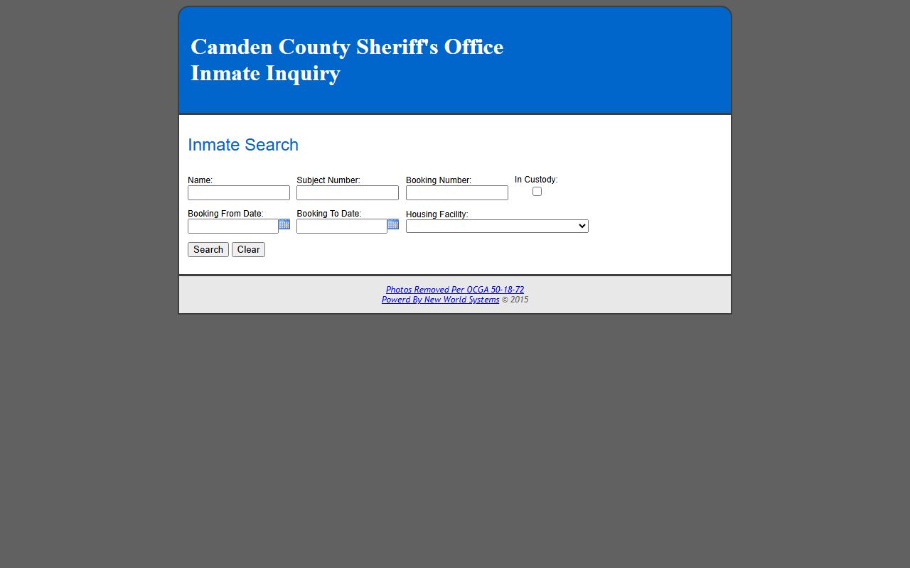 Camden County inmate records New World search fields