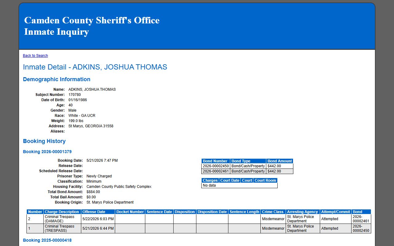 Camden County jail mugshots absent from sample inmate detail record